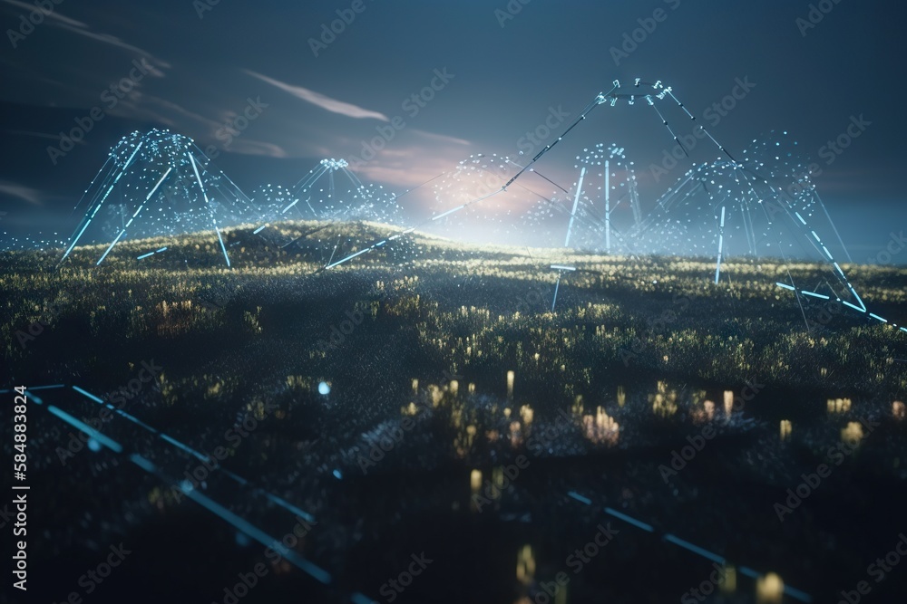 Poster a digital image of a field with a lot of lines and dots solar farm animation motion graphics generat