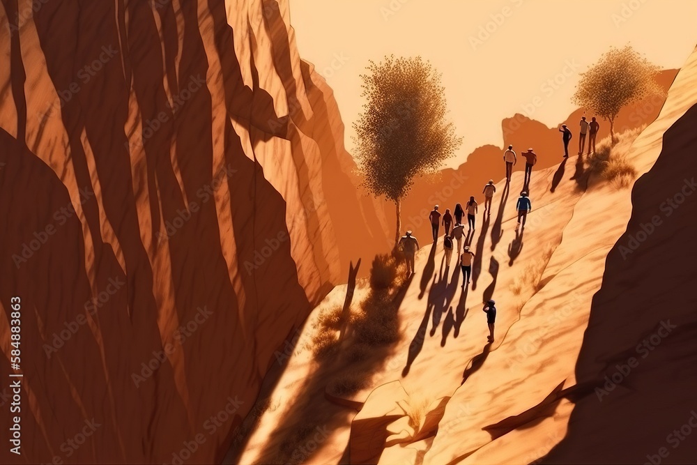 Poster a group of people walking up a hill in the desert with a mountain in the background desert photoreal