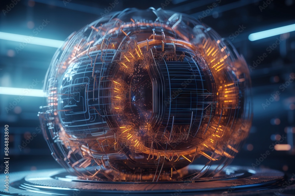 Poster a futuristic object with a glowing circle around it in a dark room factory animation motion graphics