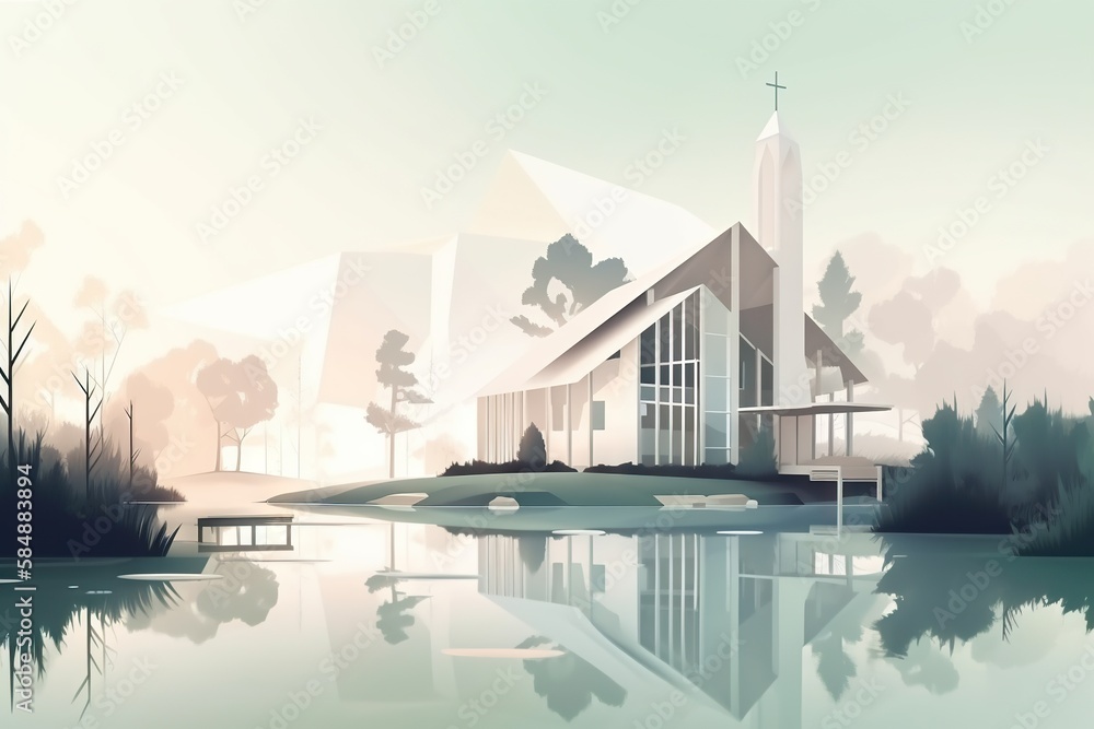 Poster a church with a lake and trees in front of it and a sky background church minimalism architectural d