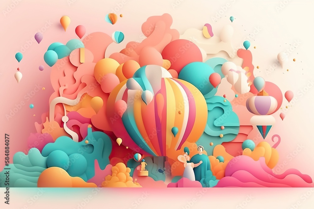 Poster a colorful background with a hot air balloon and people in the background amusement park animation m
