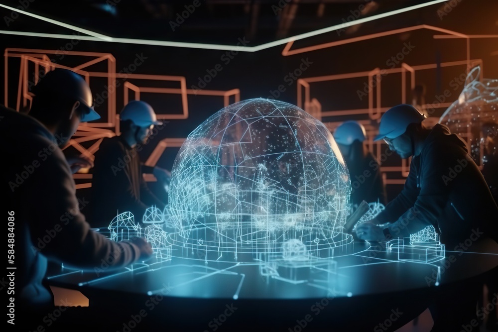 Poster a group of people standing around a table with a glowing sphere construction site animation augmente