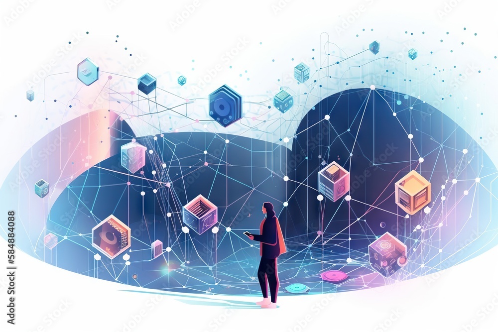 Aufkleber a person standing in front of a large network of cubes workshop animation network engineering genera