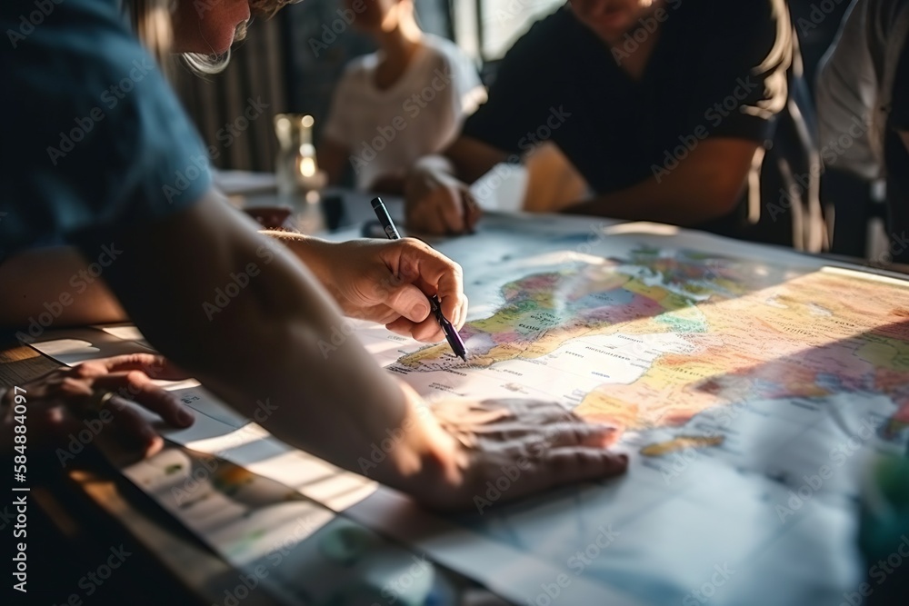 Poster a group of people sitting around a table with a map on it workshop aerial photography manufacturing 