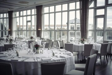 a white capped party hall with numerous windows. numbered tables with clear glasses, white plates, and red napkins. Generative AI