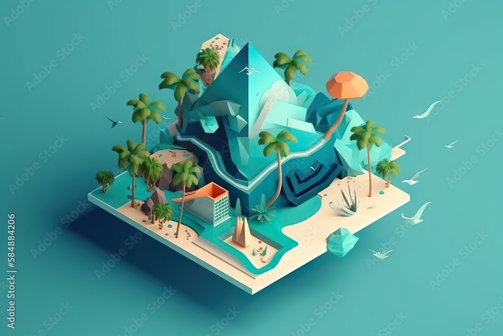 Poster a low polygonal illustration of a tropical island with palm trees oasis graphic design motion graphi