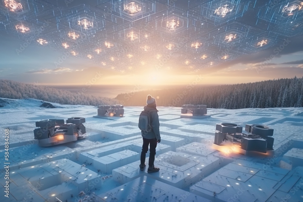 Aufkleber a person standing in front of a maze in the snow with lights tundra video art motion graphics genera