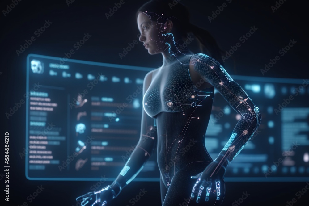 Poster a woman in a futuristic suit with a futuristic interface in the background workshop animation motion