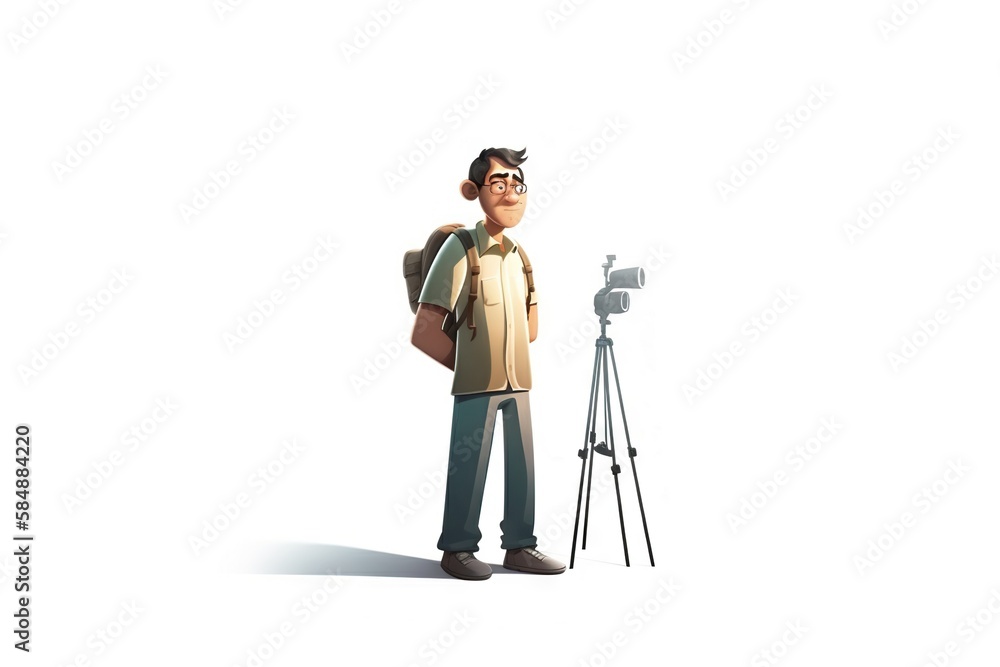 Poster a man standing next to a camera and a tripod with a camera newsroom animation animation filmmaking