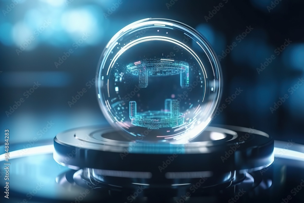 Poster a glass ball with a circuit board inside of it on a table factory animation motion graphics generati