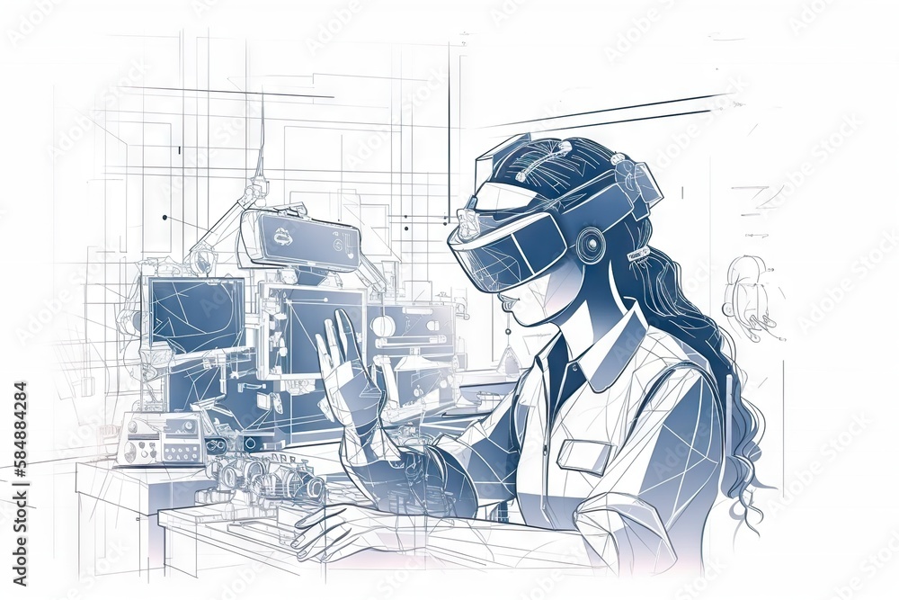 Poster a woman wearing a virtual reality headset working on a computer workshop animation augmented reality