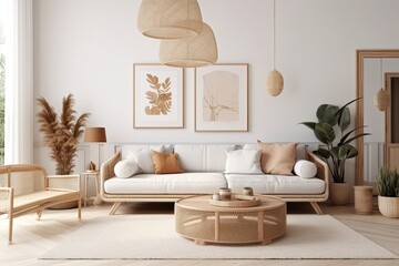 Mockup frame in interior backdrop, bright pastel living room, Scandinavian Boho style,. Generative AI