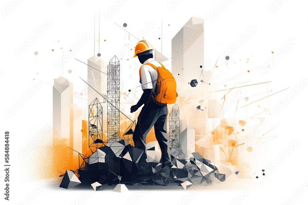 Poster a man with a backpack is standing in a pile of rubble construction site graphic design construction 