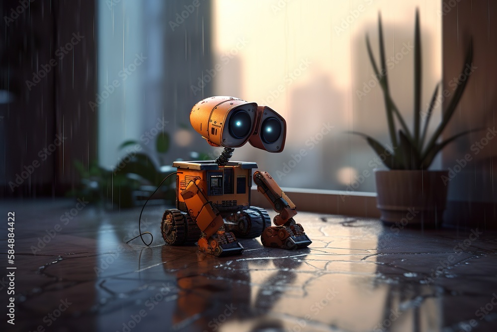 Aufkleber a robot with two lights on sitting on a floor in the rain junkyard photorealism robotics engineering
