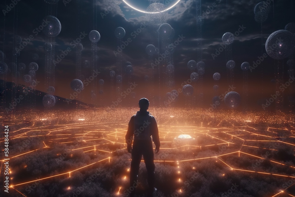 Aufkleber a man standing in a futuristic space surrounded by glowing lights and balls lunar landscape animatio