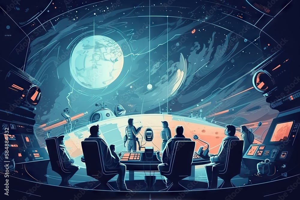 Poster a group of people sitting around a table in a room with a view of the moon lunar landscape animation