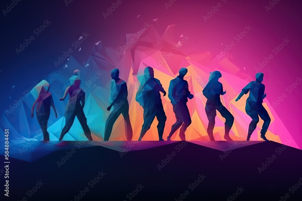 Poster a group of people running in a line on a colorful background nightclub animation motion graphics gen