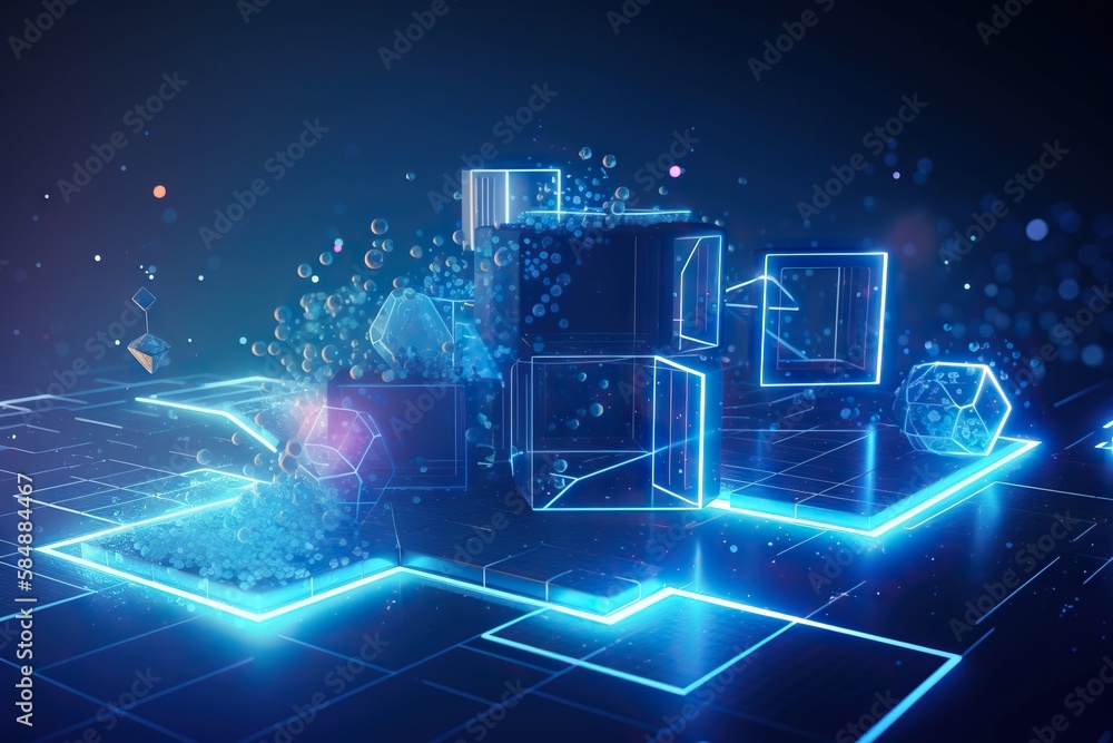Poster a futuristic background with glowing shapes and lines on a dark background factory animation motion 