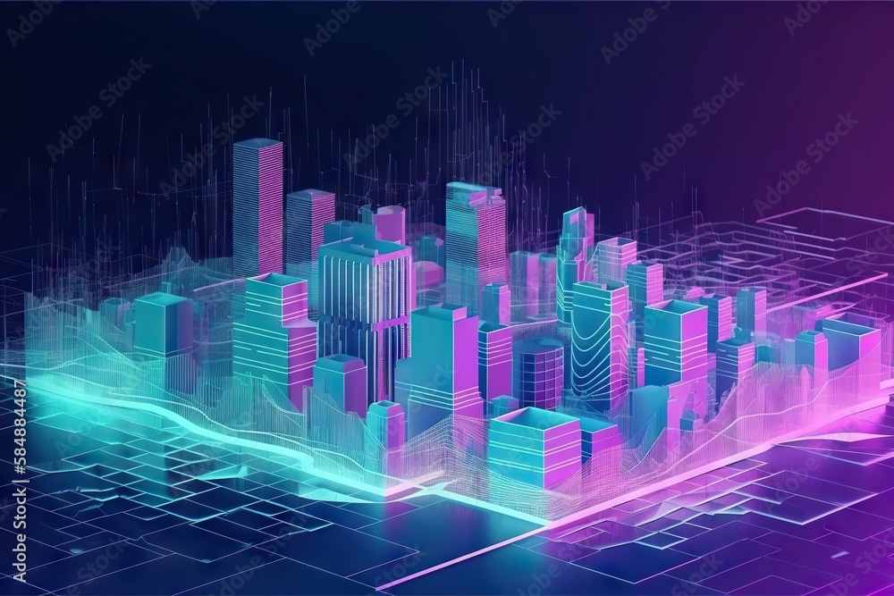 Poster A City With Neon Lights And Lines On It With A Dark Background Modern Urban Skyline Animation Data Analytics Generative AI 