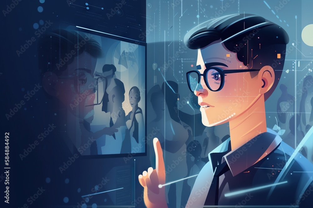 Poster a man with glasses is looking at a mirror and pointing to it workshop animation augmented reality