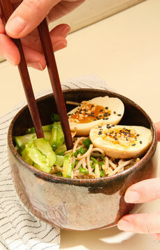 Traditional soba noodle salad dish in ceramic bowl 