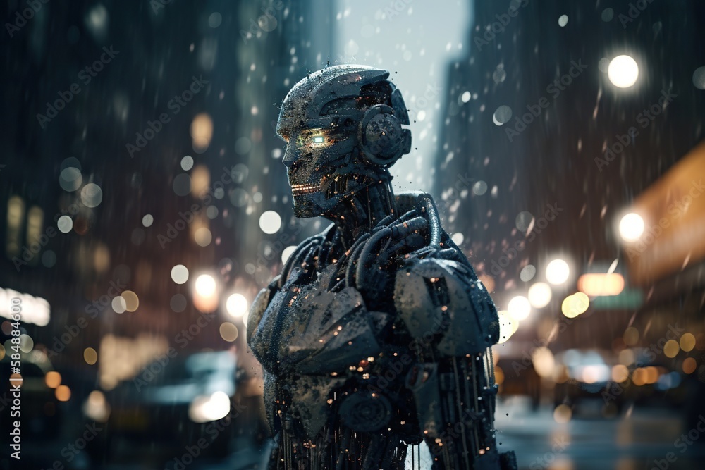 Aufkleber a robot standing in the rain in a city at night with a city street light in the background junkyard 