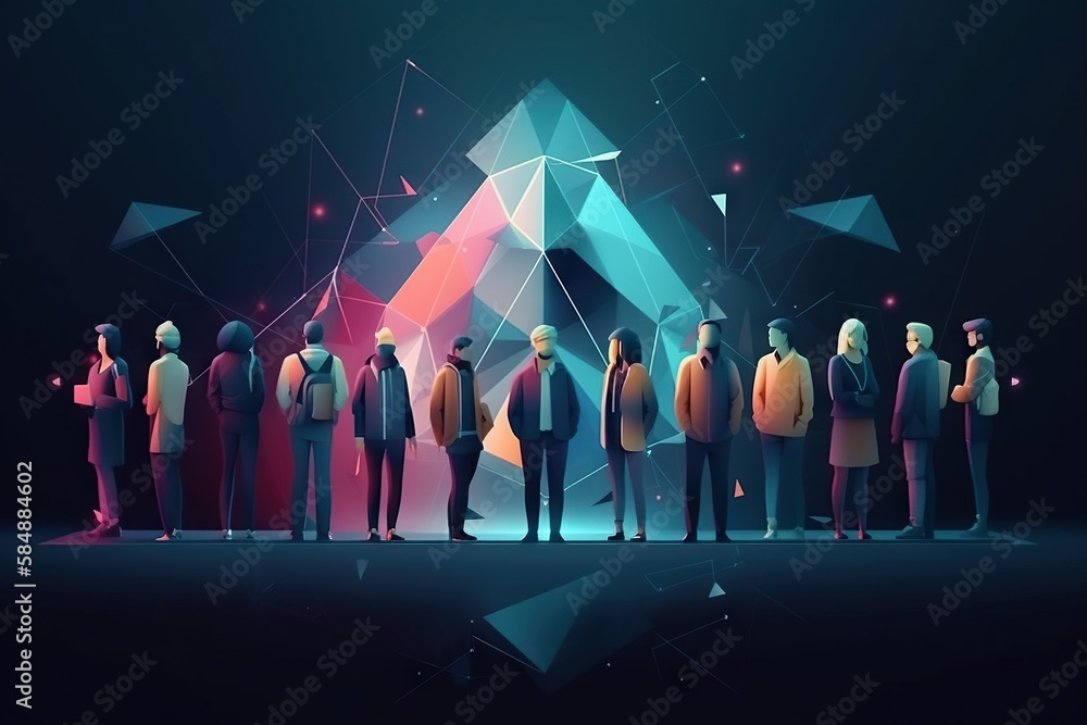 Aufkleber a group of people standing in front of a colorful triangle shaped background nightclub graphic desig