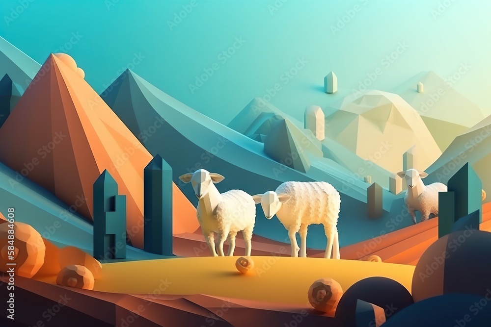Poster A Couple Of Sheep Standing On Top Of A Desert Field Next To A Mountain Oasis Graphic Design Motion Graphics Generative AI 