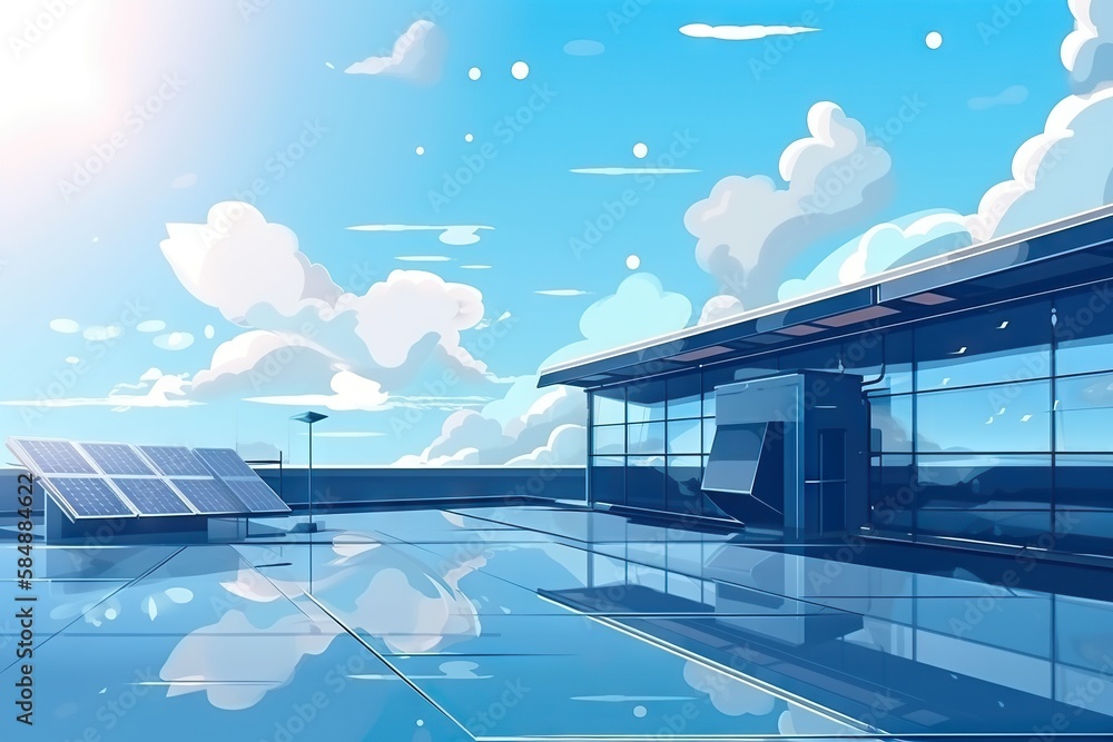 Poster a painting of a building with a sky background and clouds in the background airport animation solar 