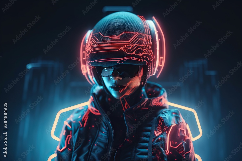Poster a man in a futuristic helmet and goggles with neon lights arcade animation virtual reality generativ