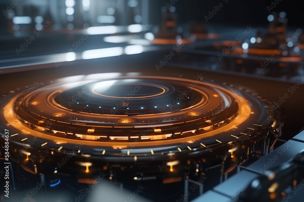 Poster a futuristic city with a circular building in the middle of it industrial port animation motion grap