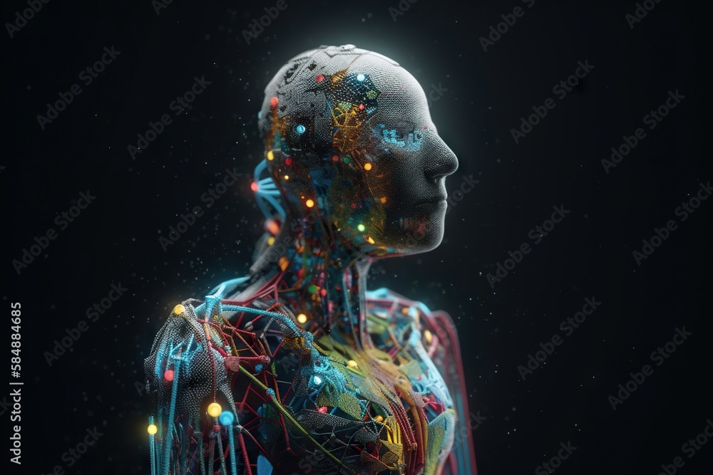 Poster a human body with a lot of colorful lines and dots on it science museum animation motion graphics