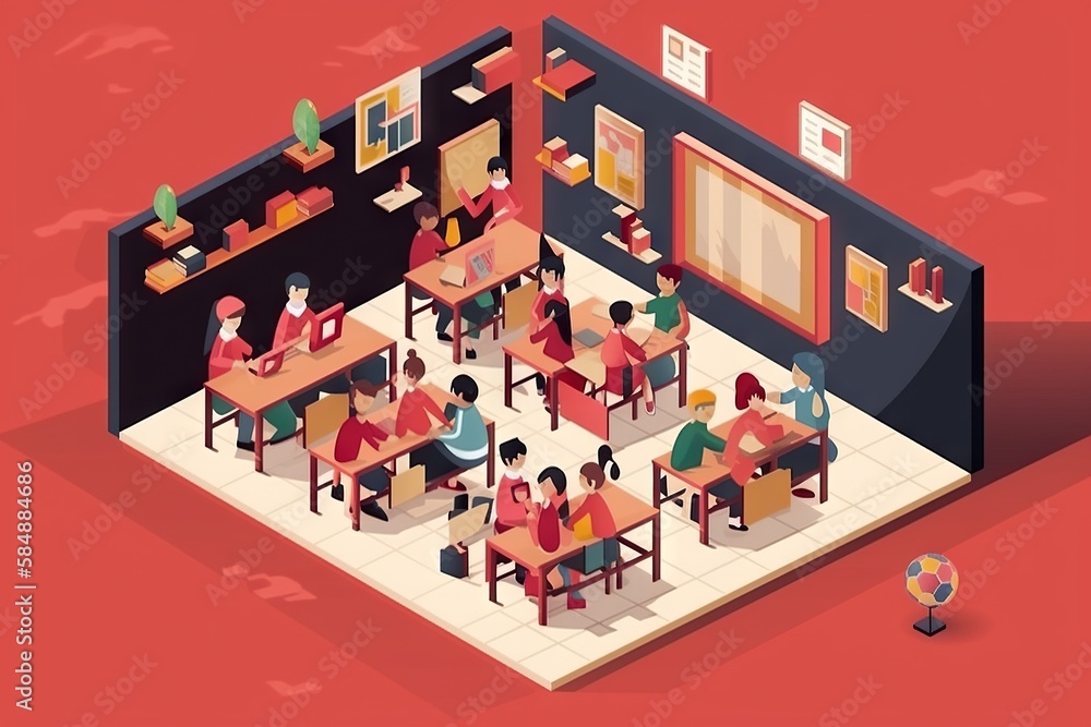 Aufkleber a group of people sitting at tables in a room with red walls classroom animation instructional desig