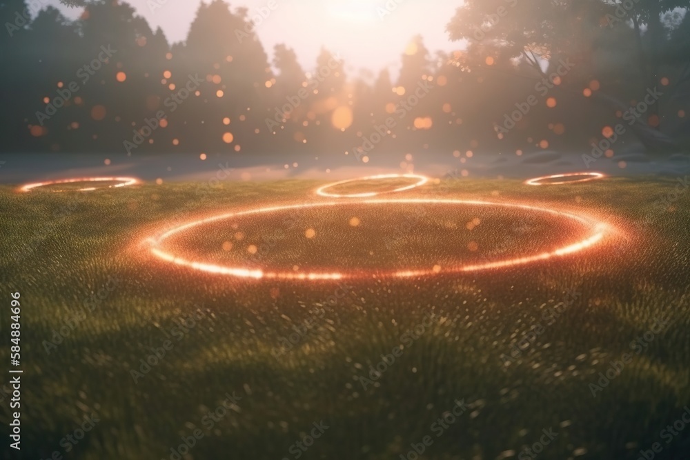 Poster a circle of lights in the grass with trees in the background golf course environmental art motion gr