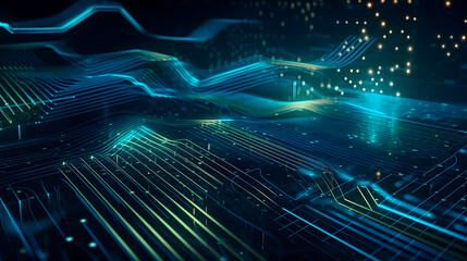 Futuristic technology wallpaper with digital waves and circuit board patterns