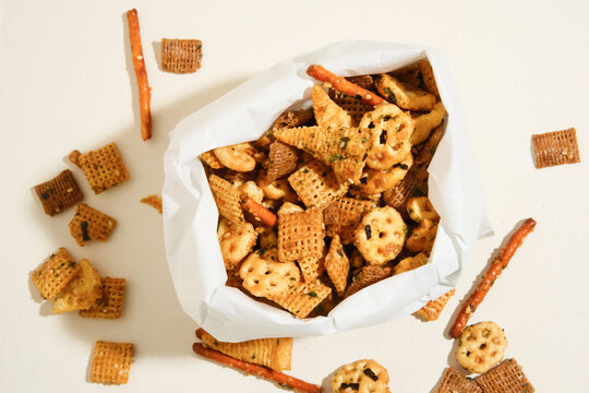 Asian chex mix snack food in paper bag