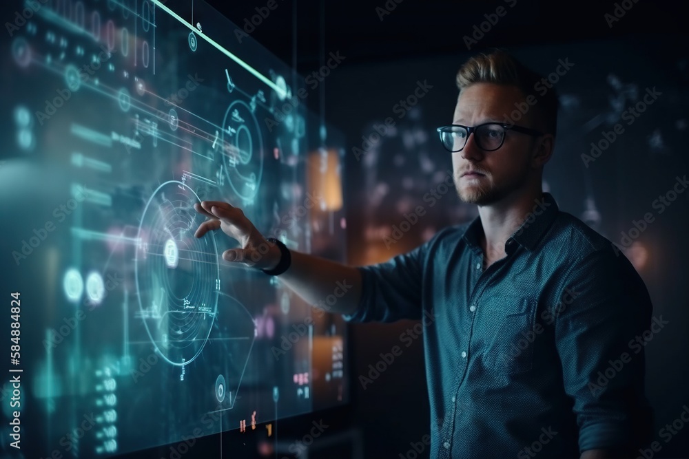 Poster A Man In Glasses Is Pointing At A Screen With A Futuristic Interface Workshop Animation Supply Chain Optimization