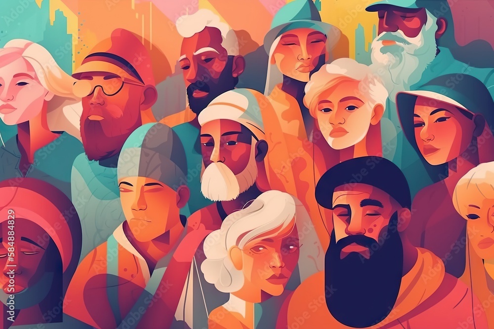 Poster a group of people with different colored heads and beards all looking at the same direction zoo fauv