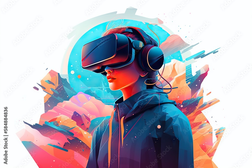 Poster a man wearing a virtual reality headset in front of a colorful background oasis stereoscopic photogr