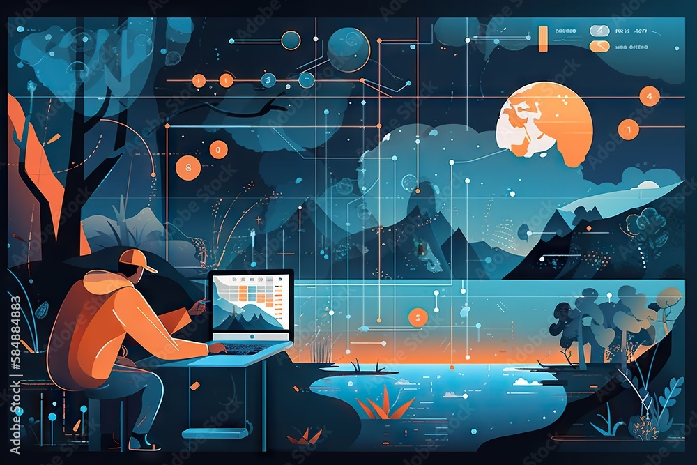 Poster a man sitting at a computer in a forest with a mountain and lake in the background lake graphic desi