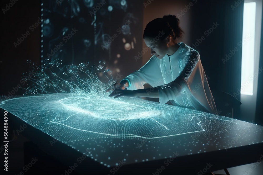 Poster a woman is using a computer to create a glowing display of data aquarium kinetic art computer graphi