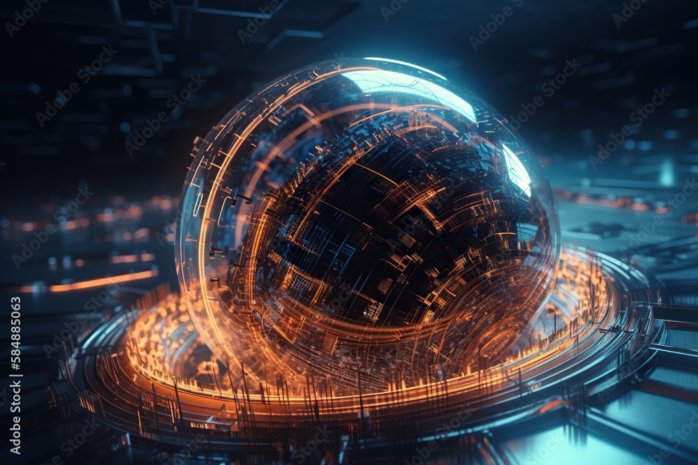 Poster a futuristic abstract background with a glowing sphere in the center of the image factory animation 