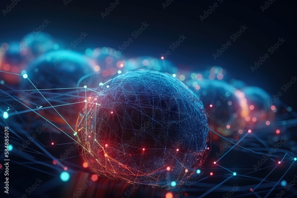 Poster a sphere surrounded by lines and dots on a dark background with a red light deep sea trench animatio
