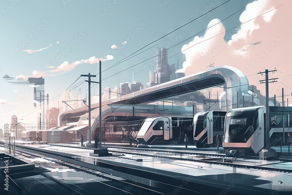 Poster a train station with two trains on the tracks and a city in the background train station animation t