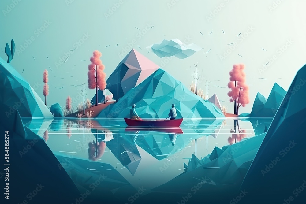 Aufkleber a boat floating on top of a lake surrounded by mountains and trees glacier paper cutting motion grap
