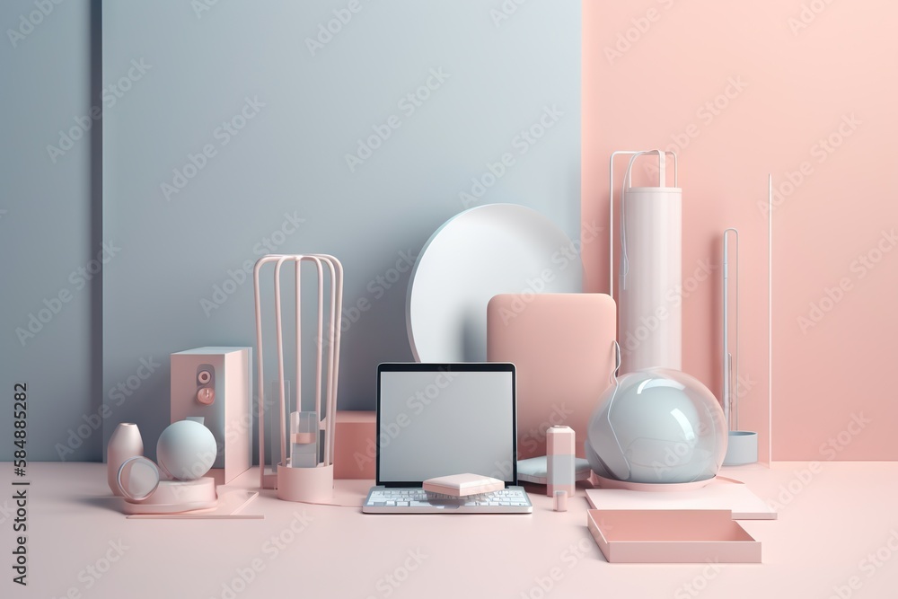 Poster a computer and a tablet on a table with a pink background bedroom minimalism industrial design gener