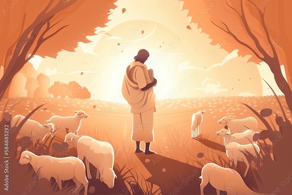 Poster a man standing in a field with sheep in the background and the sun shining through the trees oasis a