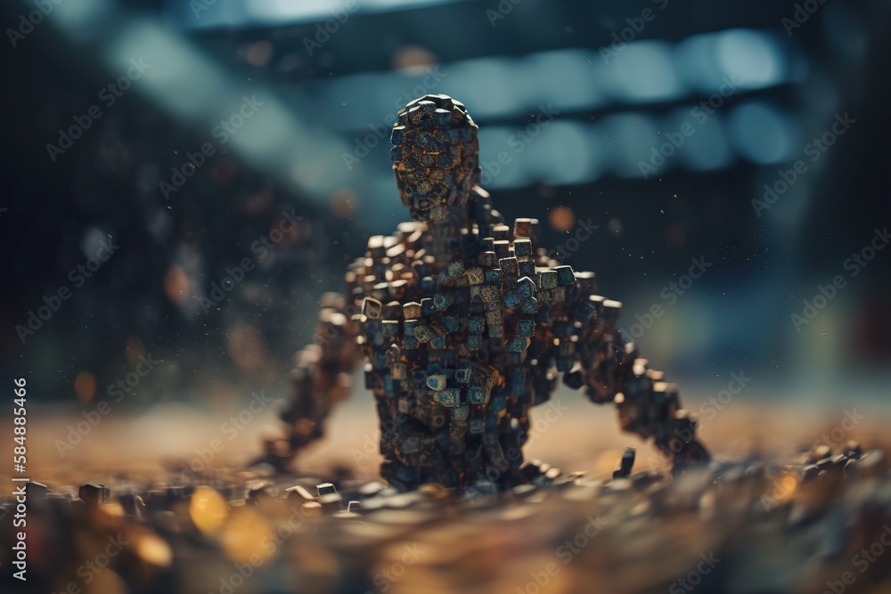 Poster a small robot made of small objects on a table top with a blurry background bank animation motion gr