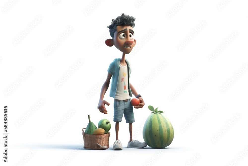 Poster a cartoon character standing next to a watermelon and a basket of fruit orchard animation animation 