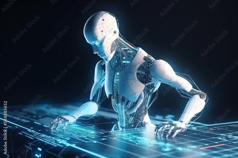 Poster a robot sitting on top of a computer keyboard in a futuristic environment workshop animation robotic
